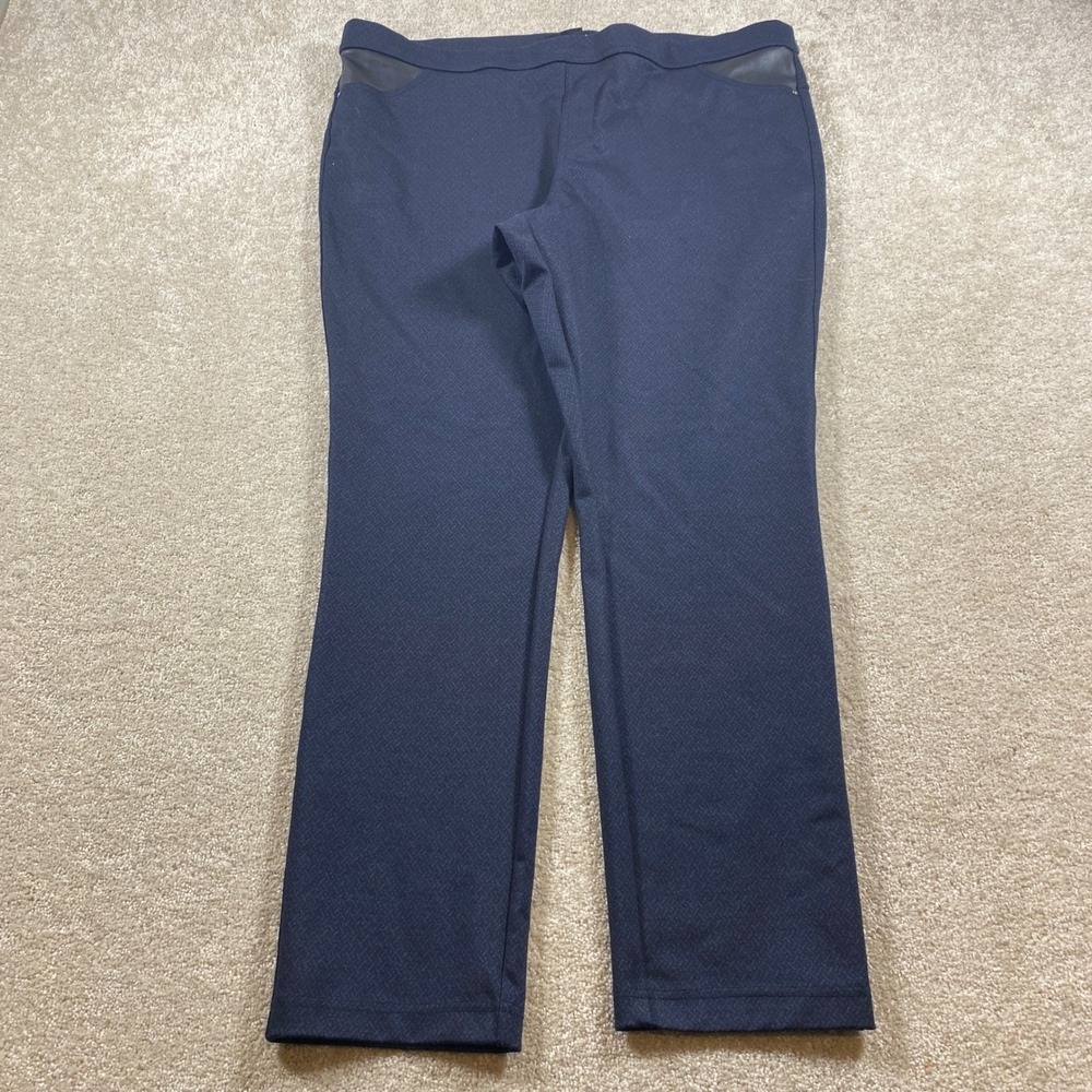 DKNY Jeans Leggings Womens XXL Navy Blue Faux Leather Trim Textured Pull On